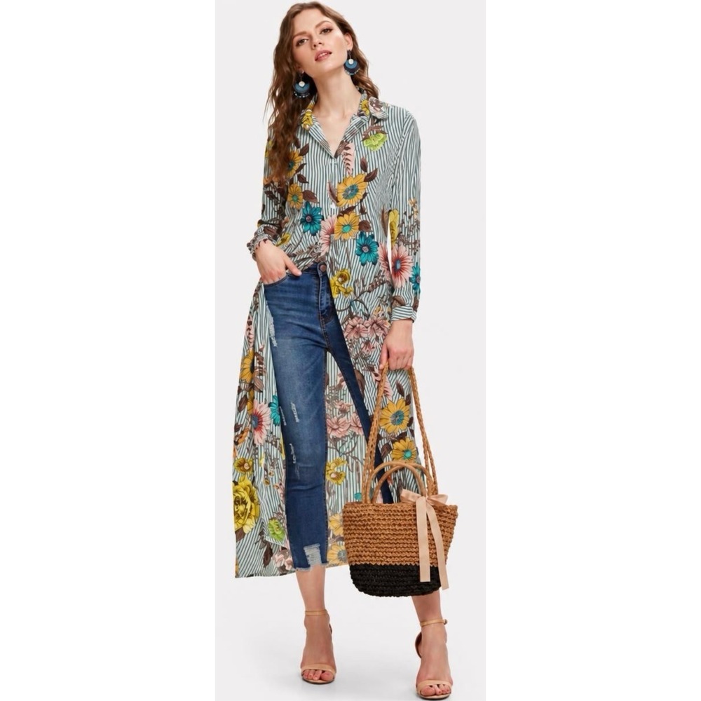 SHEIN Floral Striped Maxi‎ Shirt Dress Button Front Boho Long Sleeve Medium